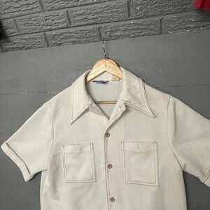 Mens Short Sleeve Button Up Shirt White Corduroy Contrast Stitch Pocket Size M